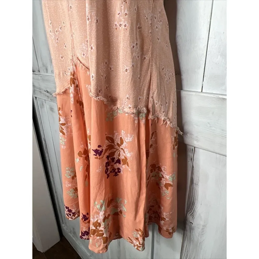 FREE PEOPLE PEACH WHITE FLORAL RAYON STRAPPY BOHO COTTAGE CRESCENT SLIP DRESS XS